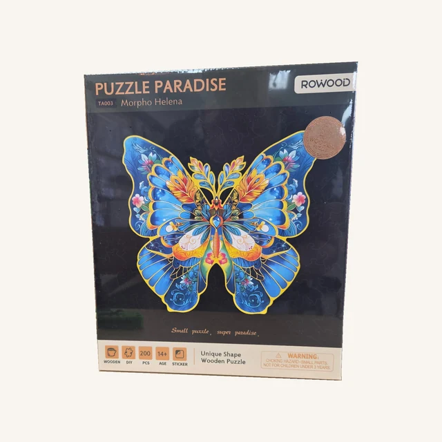 Complete retail box of the Morpho Helena Butterfly — 200-Piece Wooden Puzzle, retaining its original printed artwork, model code and wrapping.