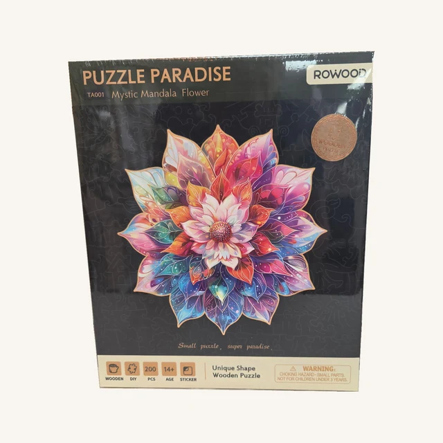 Complete retail box of the Mystic Mandala Flower — 200-Piece Wooden Puzzle, retaining its original printed artwork, model code and wrapping.