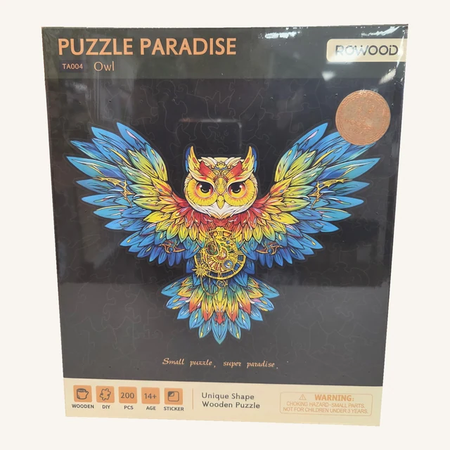 Complete retail box of the Owl — 200-Piece Wooden Puzzle, with its original printed artwork and model details.