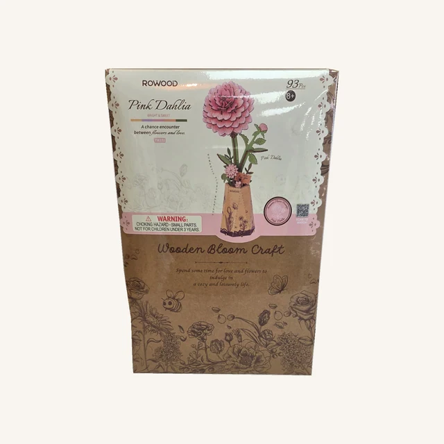 Complete retail box of the Pink Dahlia Wooden Bloom Craft Kit, retaining its original printed artwork, model code and wrapping.