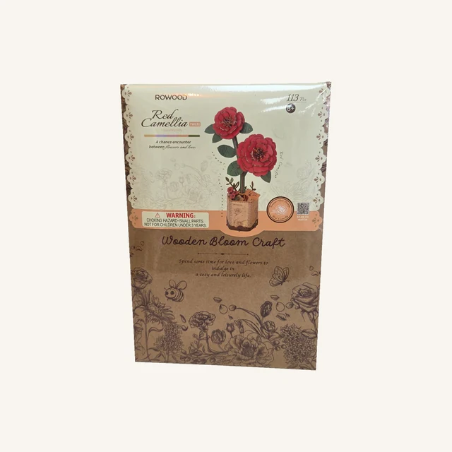 Complete retail box of the Red Camellia Wooden Bloom Craft Kit, with its original printed artwork and model details.