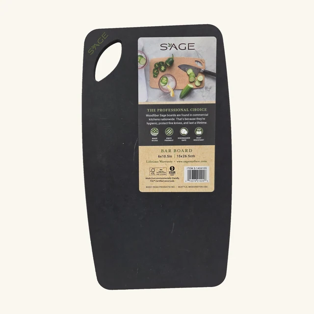 Complete slate-black Sage bar board with original label, green SAGE mark and corner grip opening