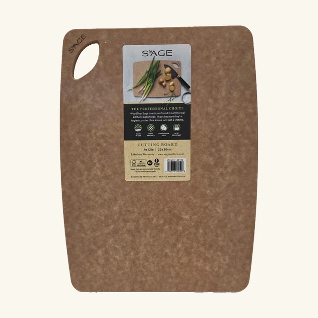 Complete natural Sage cutting board with corner grip opening and original product label