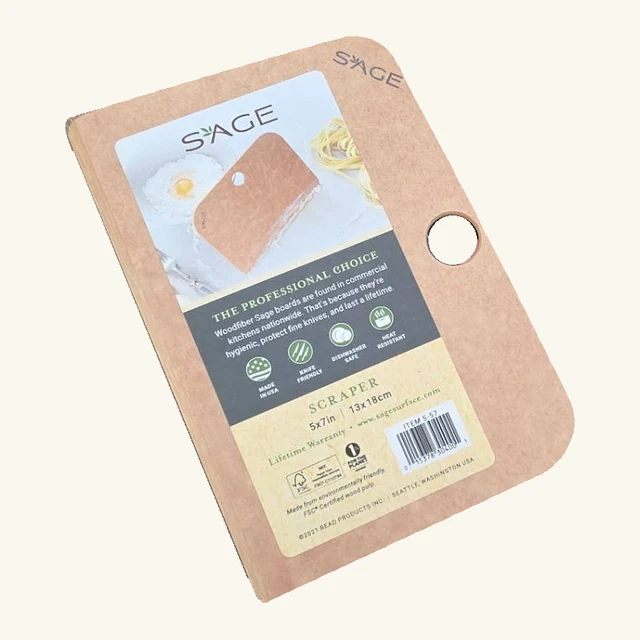 One Natural-finish Sage 5-by-7-inch bench scraper with rounded corners, hanging hole and its original printed product label.