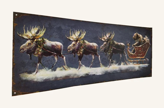 Landscape metal panel showing moose pulling Santa Grizzly in a sleigh, with the original rustic border and artwork.