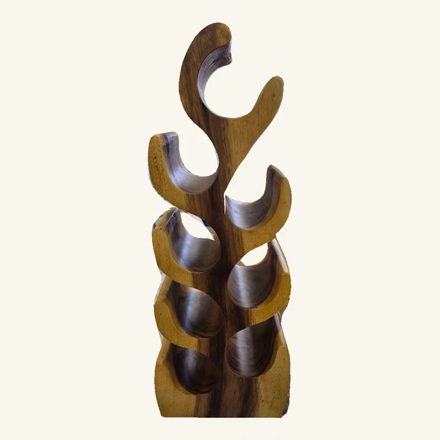 Complete sculptural wood wine rack with alternating curved cradles and its original broad base