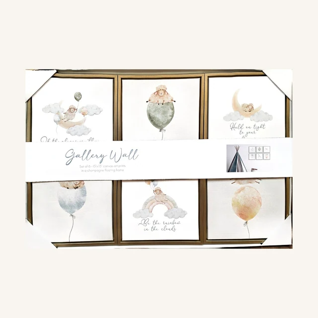 Sheep and Clouds — Set of Six. Whimsical sheep, clouds and balloon shapes bring a light, playful mood to a coordinated six-piece wall display.