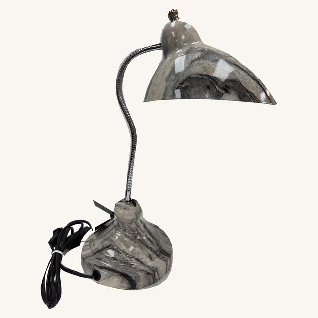 Complete silver-tone gooseneck lamp with gray marble-pattern shade and base, original black power cord, white cable tie and hanging tag