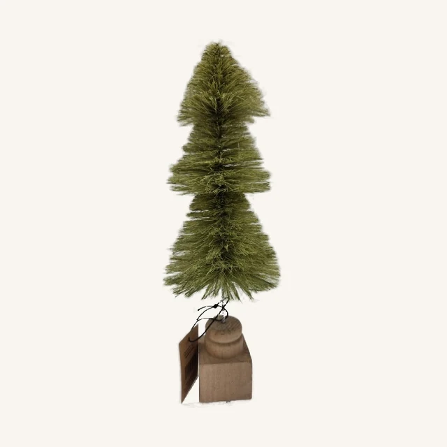 One actual olive-green sisal bottle-brush tree with its wood base, original folded tag and black attachment cord