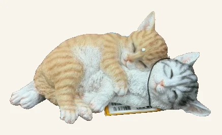 Orange and grey tabby cats resting together, with their original product details and attached tag preserved.