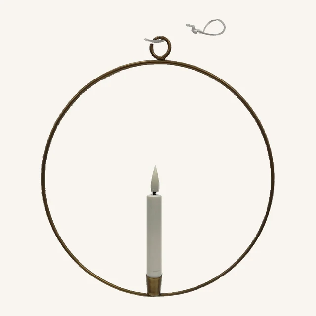 Gold-tone hanging candle ring with its original white LED candle, flame insert and visible white attachments