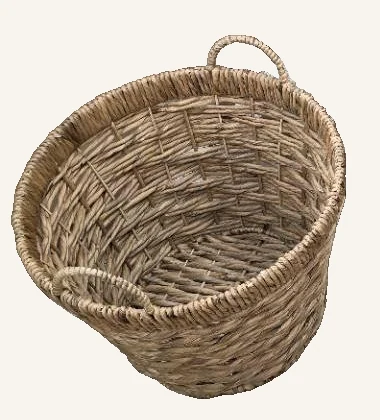 The actual complete small Jacinthe woven bushel basket with both loop handles, its real weave and original color preserved.