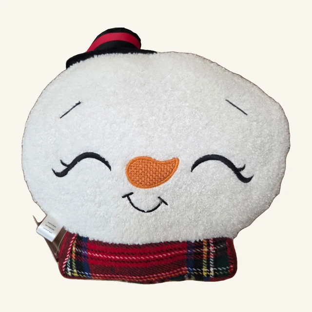 Snowman Face Pillow with Plaid Scarf with the complete filled pillow, actual hat, scarf and photographed tags visible