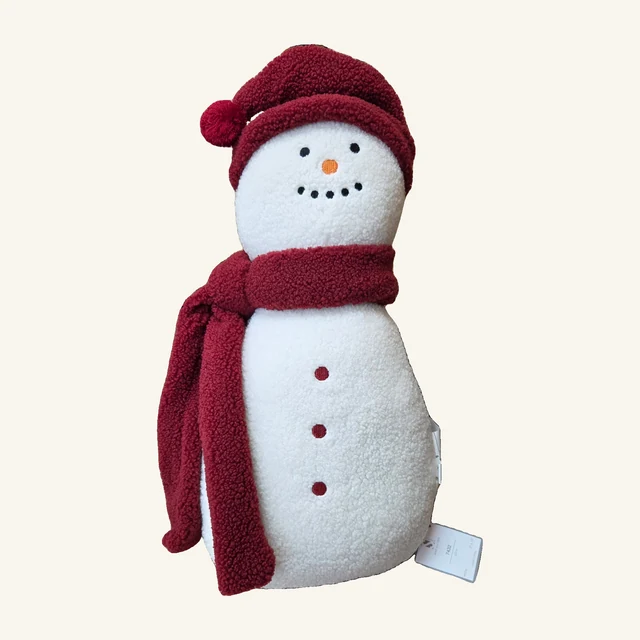 Snowman Pillow with Red Hat and Scarf with the complete filled pillow, actual hat, scarf and photographed tags visible