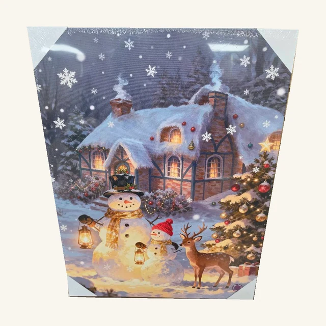 Snowman Smiles. A smiling snowman, woodland visitors and a glowing cottage bring a cheerful winter scene to the wall.