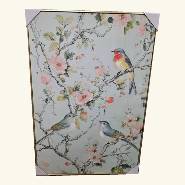 Complete Songbird Garden I framed artwork showing three colorful birds among pink blossoms and leafy branches on a pale blue-green background, retaining its slim gold-tone frame and all four original white protective corners