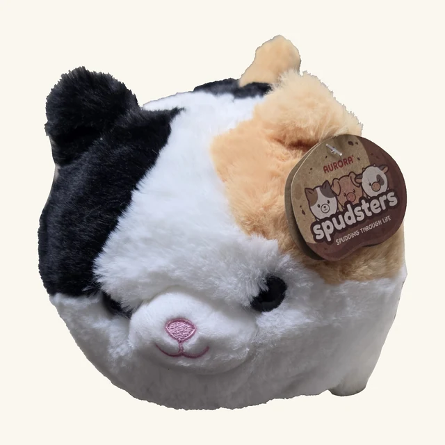 Complete round black white and tan Callie Cat plush with pink embroidered face, pointed ears and original Spudsters tag