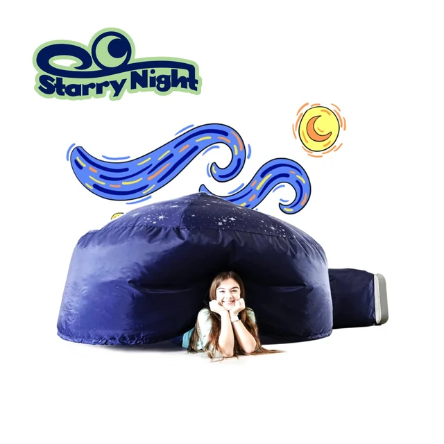 Original AirFort manufacturer image of the complete blue Starry Night play fort with stars, showing a child playing; box fan is not included.