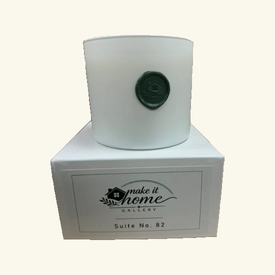 Complete large white Suite No. 82 candle with original green gallery seal and matching labeled box