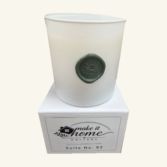 Complete white Suite No. 82 candle with original green gallery seal and matching labeled box