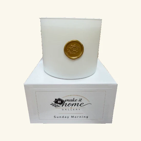 Complete large white Sunday Morning candle with original gold gallery seal and matching labeled box