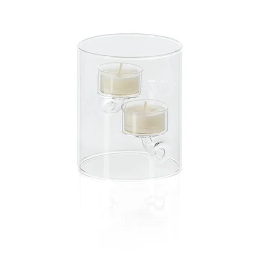 Short wide clear-glass hurricane with two suspended tealight cups