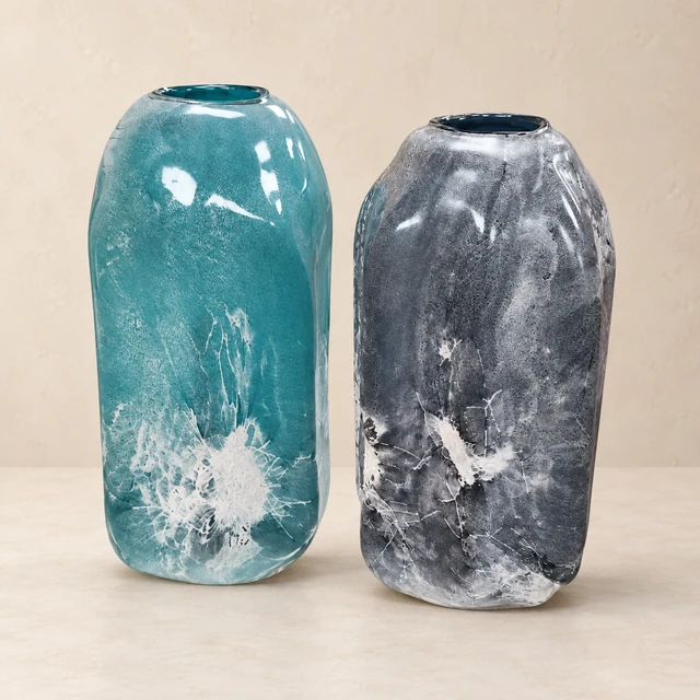 Teal & Gray Glass Vases — Set of Two