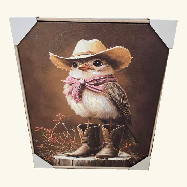 Complete The Little Wrangler artwork showing a small bird in a tan cowboy hat, rosy neckerchief and brown boots on a stump, retaining its light-tone frame and four original white protective corners