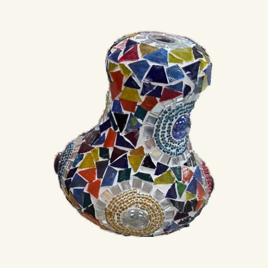 Actual pear-shaped mosaic accent lamp with its original colorful tiles, mirrored pieces and circular motifs