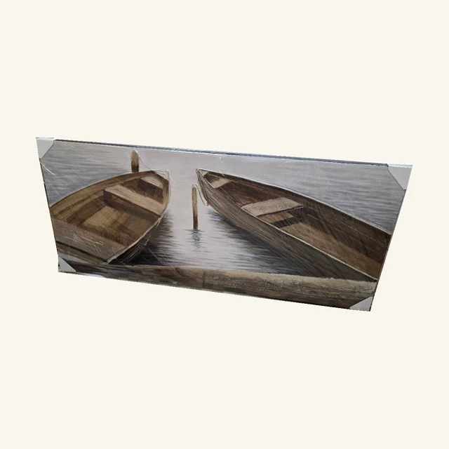 Two Rowboats Panoramic Canvas Art. Two weathered rowboats rest beside still water in a wide, neutral-toned scene for a relaxed room.