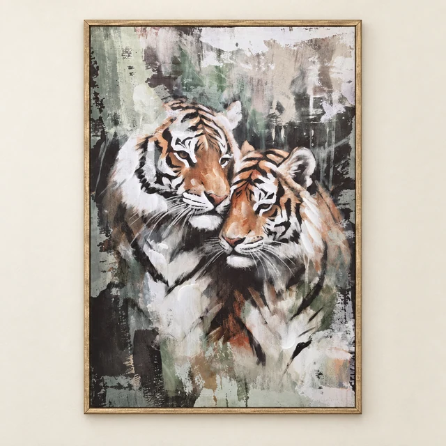 Gold-framed abstract canvas featuring two tiger portraits in sage, gray, cream, and warm brown tones