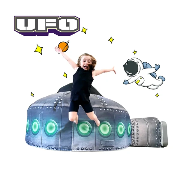 Original AirFort manufacturer image of the complete silver-gray UFO play fort with green portholes and a child playing; box fan is not included.