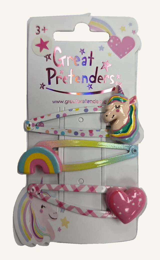 Actual three-clip Unicorn Cutie card with unicorn, rainbow and pink heart decorations