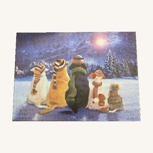 Waiting — Winter Pets Holiday Art. Bundled-up pets look toward a starry winter sky in a cheerful seasonal scene.