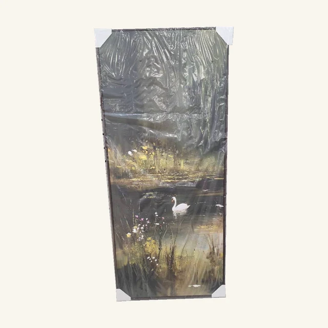 Whispers of Light I. Soft golden light, dark woodland and a white bird create a quiet waterside scene in a tall format.
