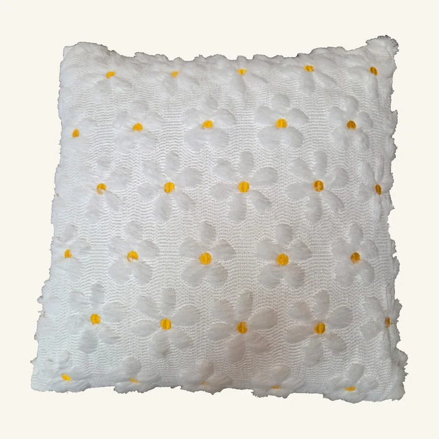 White Daisy Pillow with the photographed fabric pattern and complete pillow visible