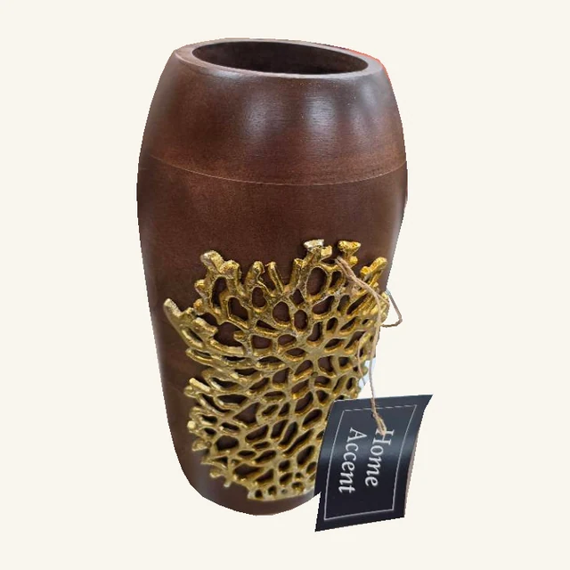 Complete dark brown wood jar with actual gold coral-like metal openwork, original Home Accent tag and attached twine