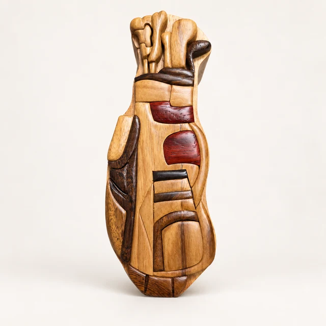 wooden golf bag puzzle box with clubs and multitone inlays