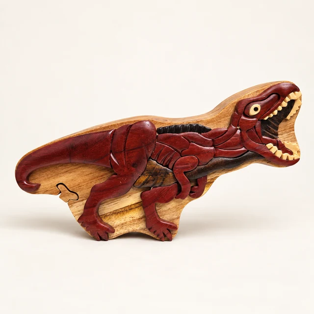 wooden T-Rex puzzle box with red and natural wood inlays