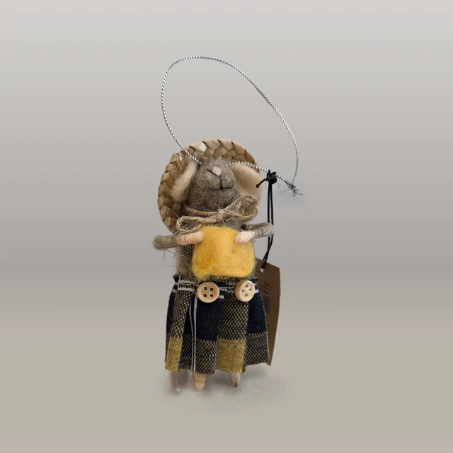 One wool-felt tourist mouse ornament wearing a woven hat, yellow top and checked outfit, with its full silver hanging loop, original loose fibers, feet and attached tag.